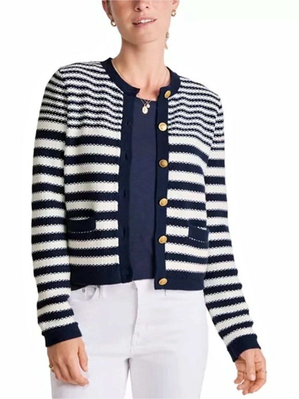 Vineyard Vines Striped Button Front Cardigan in Blue & White